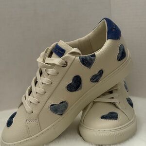 Kurt Geiger Cream Leather Sneakers with Blue Heart Appliqués